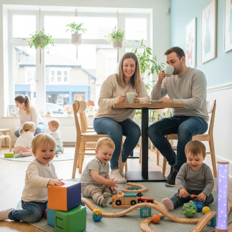 Parents enjoying coffee while children play safely